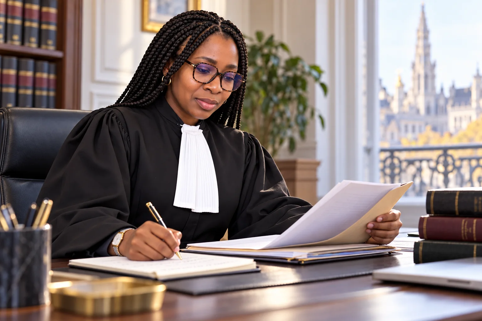 Maître Belise Njuikui Foudjeu étudie un dossier et prend des notes