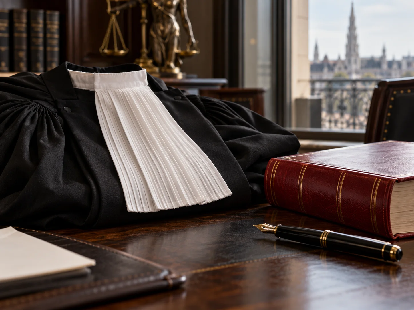 Robe d'avocat, code et stylo évoquant la défense pénale