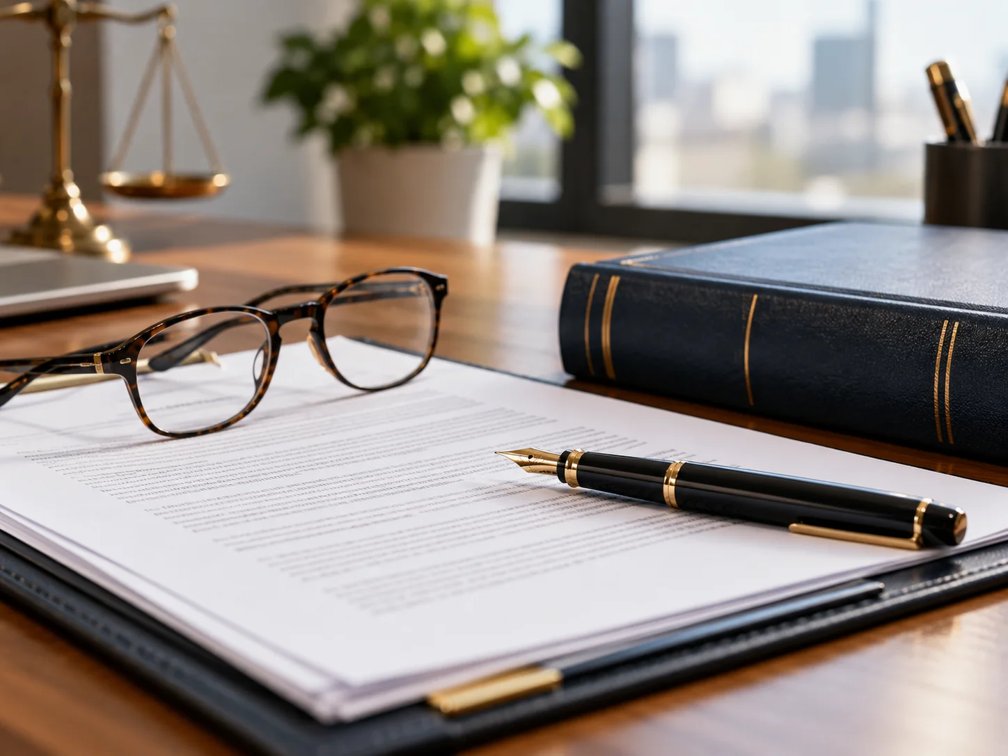 Contrat, lunettes et stylo évoquant le droit du travail